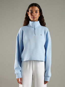 Tommy Hilfiger - Women Blue Regular Fit Cotton Half-Zip Sweatshirt