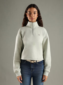 Tommy Hilfiger - Women Green Regular Fit Cotton Half-Zip Sweatshirt