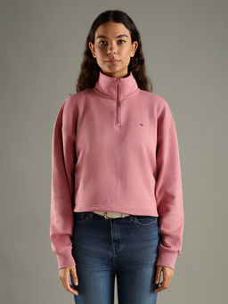 Tommy Hilfiger - Women Pink Regular Fit Cotton Half-Zip Sweatshirt
