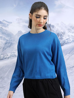 TOKYO TALKIES - Women Blue Round Neck Crop Acrylic Pullover Sweater