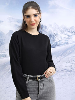 TOKYO TALKIES - Women Black Loose Round Neck Acrylic Pullover Sweater