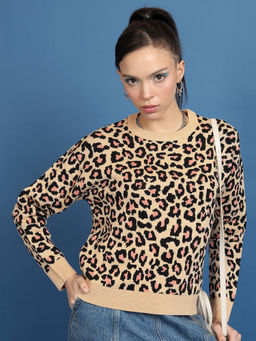 TOKYO TALKIES - Women Beige Animal Printed Jacquard Relaxed Fit Acrylic Pullover Sweater