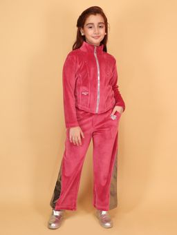 Cutecumber - Girls Mock Neck Red Straight Fit Jacket & Trouser