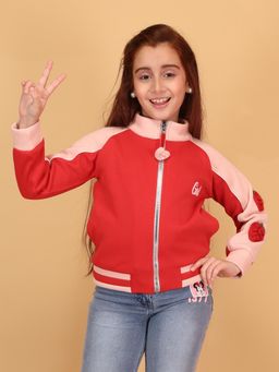Cutecumber - Girls Red Color Block High Neck Bomber Style Jacket