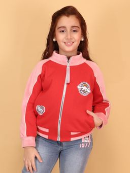 Cutecumber - Girls Red Color Block High Neck Bomber Style Jacket