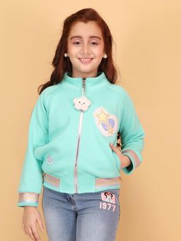 Cutecumber - Girls Blue Fleece Fabric Stand Collar Neck Bomber Jacket