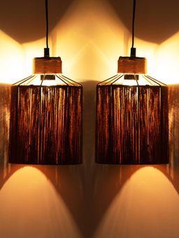 ExclusiveLane - Jute Miracles Handwoven Cylindrical Hanging Pendant Lamp In Jute & Iron (Set of 2)