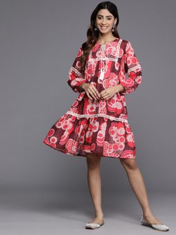 Varanga - Women Workwear Maroon And Peach Floral Printed Lace Detail Tiered Dress