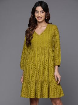 Varanga - Women Olive Tiered Detail Schiffli Dress