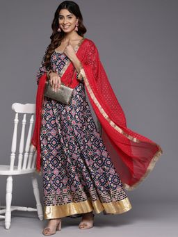 Varanga - Women Navy Blue Printed Anarkali Kurta with Dupatta (Set of 2)