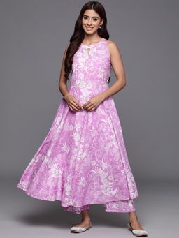 Varanga - Women Workwear Lavender Floral Anarkali Kurta With Palazzo (Set Of 2)