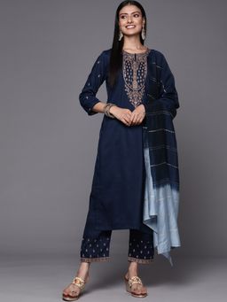 Varanga - Women Navy Blue Embroidered Kurta with Pant & Dupatta (Set of 3)