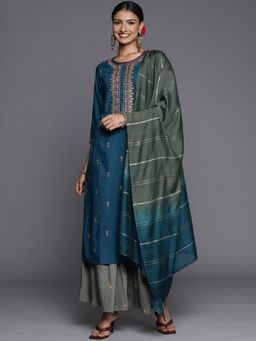 Varanga - Women Teal Embroidered Kurta with Sharara & Dupatta (Set of 3)
