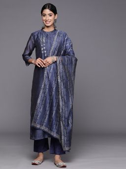Varanga - Women Navy Blue Printed Kurta with Pant & Dupatta (Set of 3)