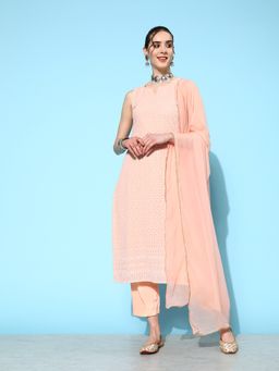 Varanga - Women Peach Embroidered Kurta with Pant & Dupatta (Set of 3)