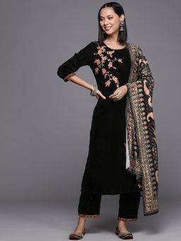 Varanga - Black Floral Embroidered Thread work Winter Kurta with Trouser & Velvet Dupatta