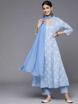 Varanga - Women Workwear Blue Floral Anarkali Kurta With Pant & Dupatta (Set Of 3)