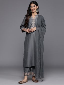Varanga - Women Grey Embroidered Kurta with Pant & Dupatta (Set of 3)
