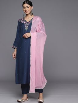 Varanga - Women Blue Embroidered Kurta with Pant & Dupatta (Set of 3)