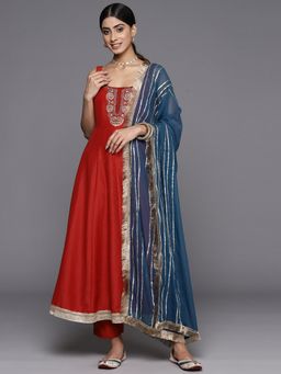 Varanga - Women Red Embroidered Anarkali Kurta with Pant & Dupatta (Set of 3)