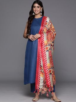 Varanga - Women Workwear Navy Blue Solid Kurta With Pant & Dupatta (Set Of 3)