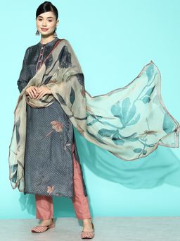 Varanga - Women Workwear Teal Floral Kurta With Pant & Dupatta (Set Of 3)