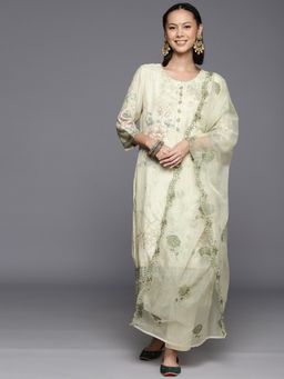 Varanga - Women Pakistani Olive Floral Kurta With Pant & Dupatta (Set Of 3)