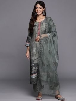 Varanga - Women Pakistani Grey Printed Kurta With Pant & Dupatta (Set Of 3)