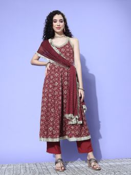 Varanga - Women Maroon Printed Anarkali Kurta with Pant & Dupatta (Set of 3)