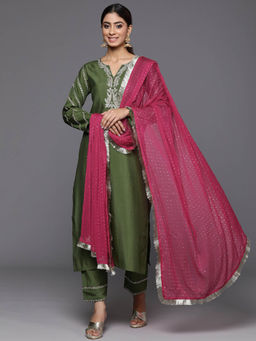 Varanga - Women Pakistani Olive Embroidered Kurta With Pant & Dupatta (Set Of 3)