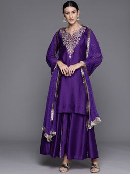 Varanga - Women Pakistani Purple Embroidered Kurta With Palazzo & Dupatta (Set Of 3)