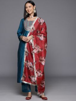 Varanga - Women Teal Embroidered Kurta with Pant & Dupatta (Set of 3)