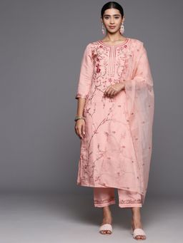 Varanga - Women Peach Embroidered Kurta with Pant & Dupatta (Set of 3)