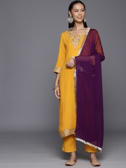 Varanga - Women Mustard Embroidered Kurta with Pant & Dupatta (Set of 3)