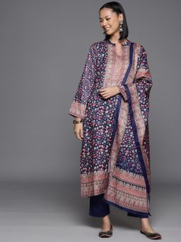 Varanga - Navy Blue Floral Printed Kurta with Trouser & Dupatta