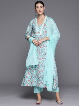 Varanga - Women Pakistani Blue Floral Kurta With Pant & Dupatta (Set Of 3)