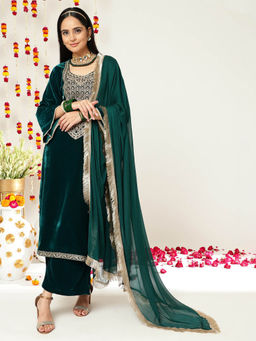 Varanga - Green Ethnic Yoke Embroidered Winter Velvet Kurta With Palazzos & Dupatta