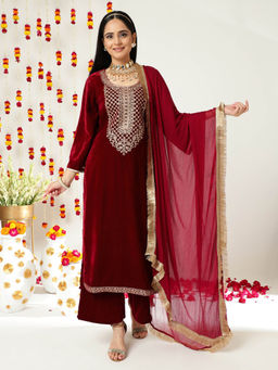 Varanga - Maroon Ethnic Yoke Embroidered Winter Velvet Straight Kurta & Palazzos With Dupatta