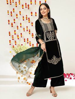 Varanga - Green Zari Embroidered Yoke Winter Kurta with Trouser & Dupatta
