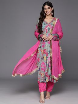 Varanga - Women Blue Floral Kurta with Pant & Dupatta (Set of 3)