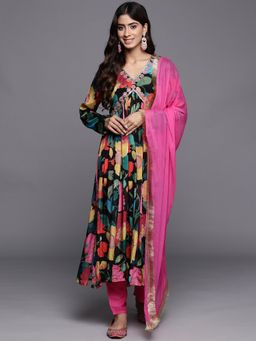 Varanga - Women Black Floral Kurta with Pant & Dupatta (Set of 3)