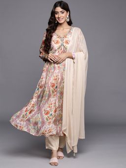 Varanga - Women Beige Floral Kurta with Pant & Dupatta (Set of 3)