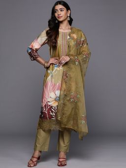 Varanga - Women Olive Floral Kurta with Pant & Dupatta (Set of 3)