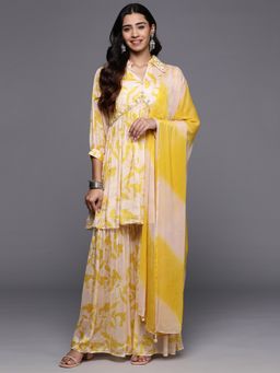 Varanga - Women Yellow Printed Anarkali Kurti with Sharara & Dupatta (Set of 3)