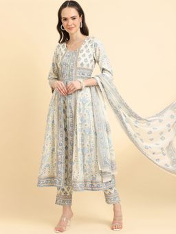Varanga - Women Beige Floral Anarkali Kurta with Pant & Dupatta (Set of 3)