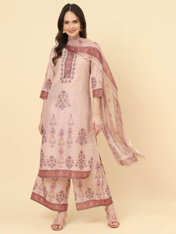 Varanga - Women Pakistani Peach Floral Kurta With Palazzo & Dupatta (Set Of 3)