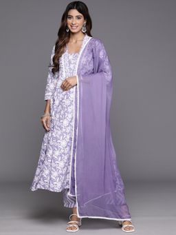 Varanga - Women Workwear Lavender Floral Anarkali Kurta With Pant & Dupatta (Set Of 3)