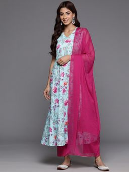 Varanga - Women Workwear Blue Floral Anarkali Kurta With Pant & Dupatta (Set Of 3)