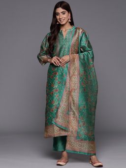 Varanga - Women Green Floral Kurta with Pant & Dupatta (Set of 3)