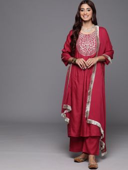 Varanga - Women Maroon Embroidered Kurta with Pant & Dupatta (Set of 3)